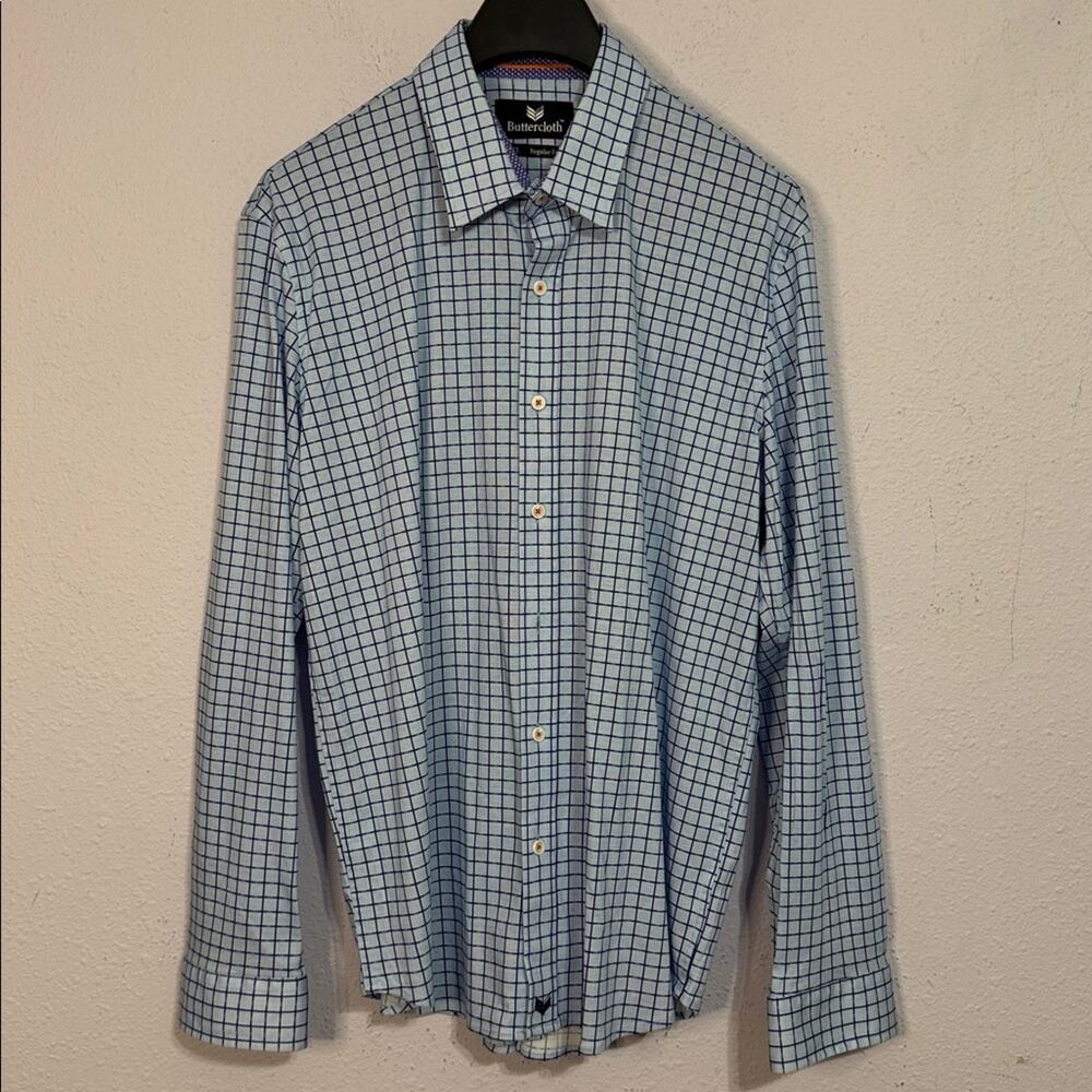 Buttercloth Men Blue/Dark Blue Plaid Button Up Shirt Long Sleeve Size XL